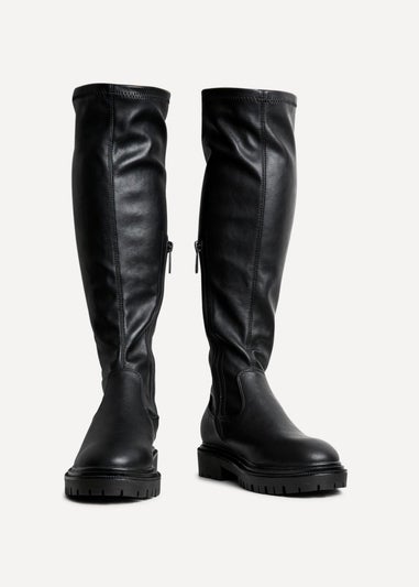Linzi Briody Wide Fit Black Faux Leather Knee High Stretch Boot