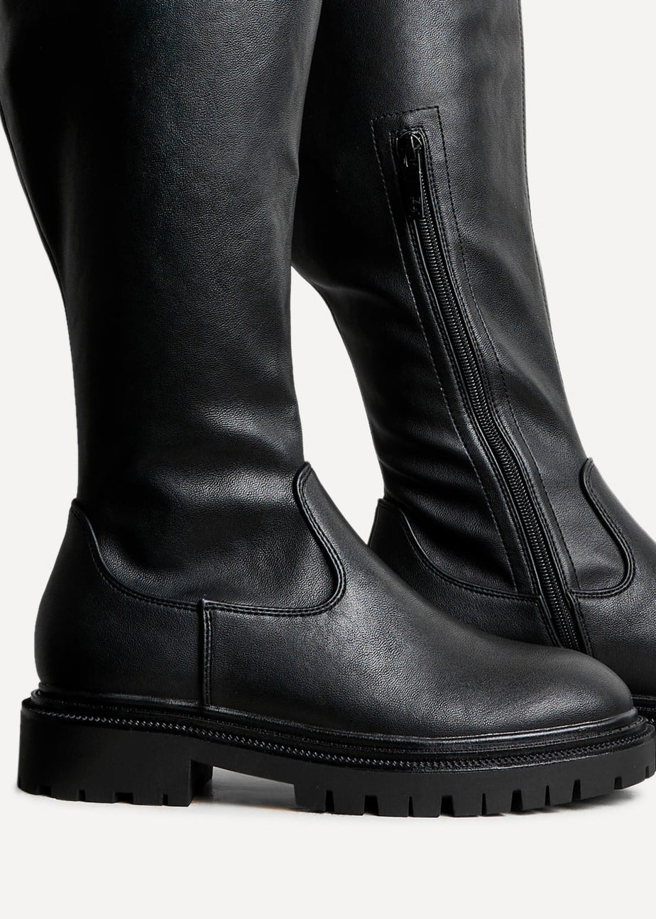 Linzi Briody Wide Fit Black Faux Leather Knee High Stretch Boot