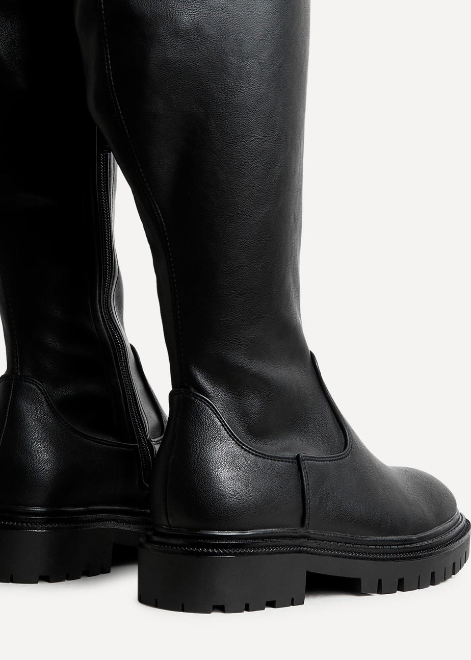 Linzi Briody Wide Fit Black Faux Leather Knee High Stretch Boot