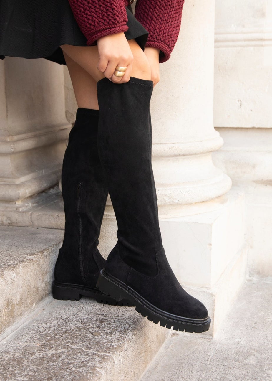 Linzi Briody Wide Fit Black Faux Suede Knee High Stretch Boot