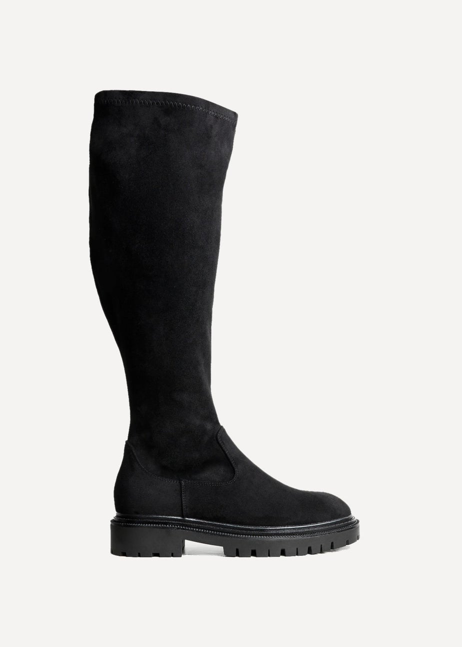 Linzi Briody Wide Fit Black Faux Suede Knee High Stretch Boot