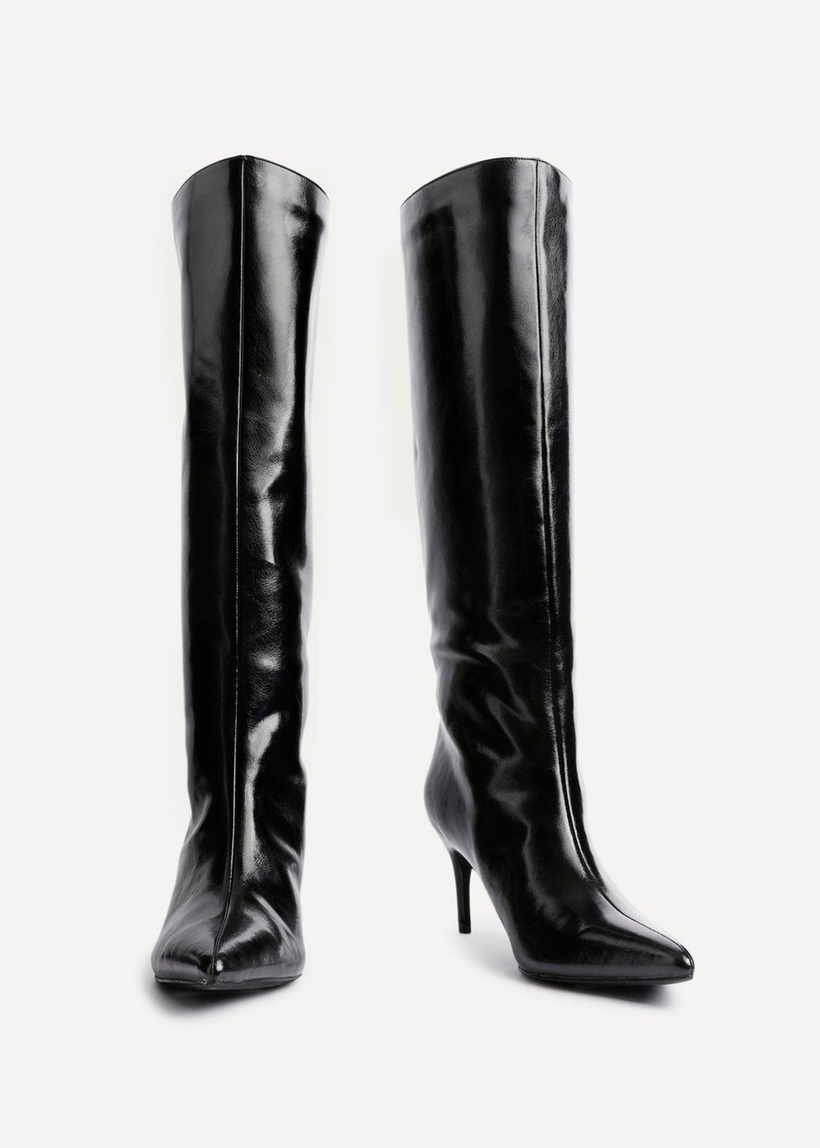 Linzi Onyx Black High Shine Pointed Toe High Leg Heeled Boots