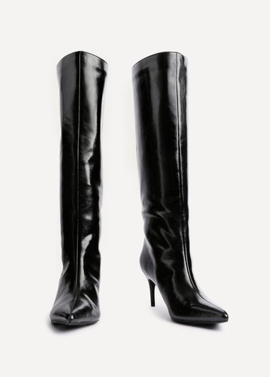 Linzi Onyx Black High Shine Pointed Toe High Leg Heeled Boots