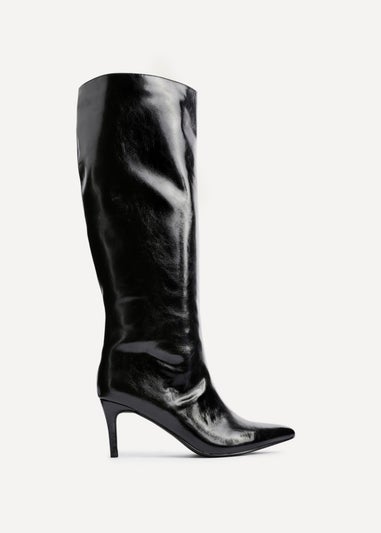 Linzi Onyx Black High Shine Pointed Toe High Leg Heeled Boots