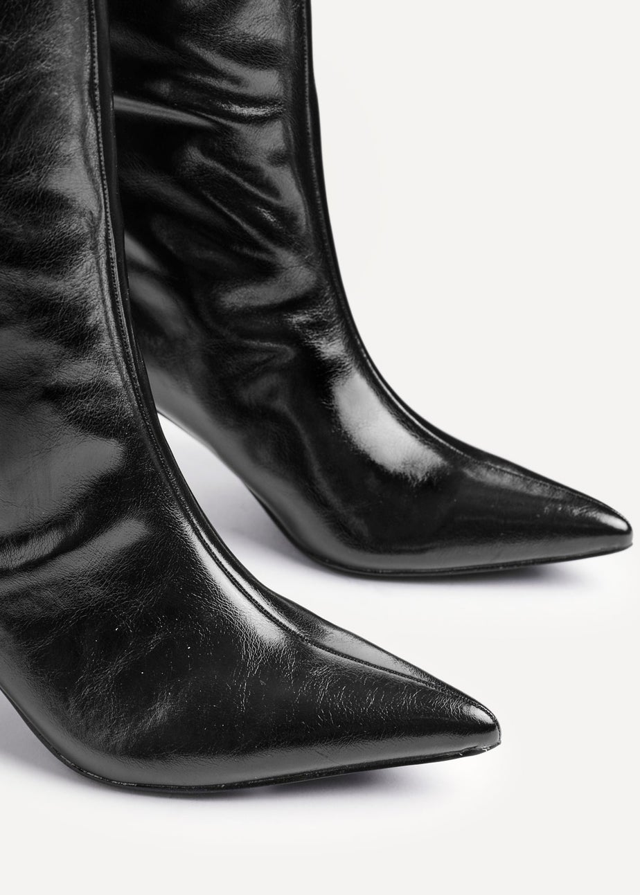 Linzi Onyx Black High Shine Pointed Toe High Leg Heeled Boots