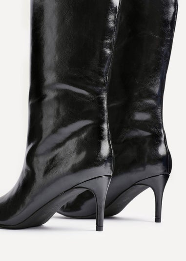 Linzi Onyx Black High Shine Pointed Toe High Leg Heeled Boots