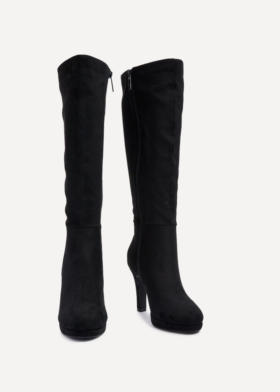 Linzi Shelby Black Faux Suede Knee High Heeled Boot