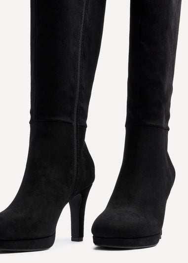 Linzi Shelby Black Faux Suede Knee High Heeled Boot