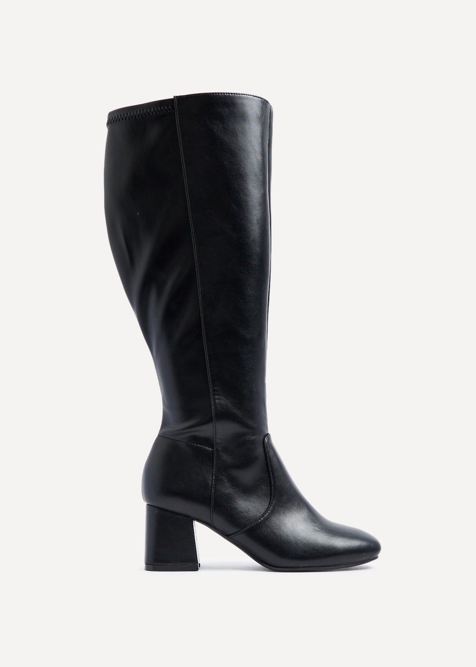 Linzi Fable Wide Fit Black Faux Leather Knee High Block Heeled Boot