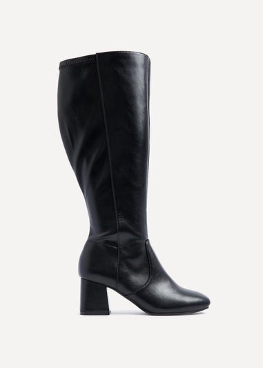 Linzi Fable Wide Fit Black Faux Leather Knee High Block Heeled Boot