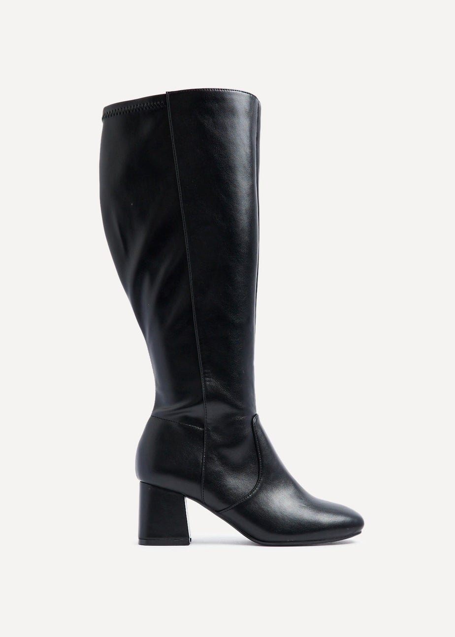 Linzi Fable Wide Fit Black Faux Leather Knee High Block Heeled Boot
