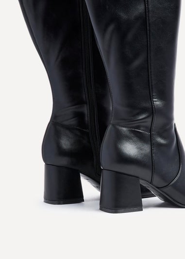 Linzi Fable Wide Fit Black Faux Leather Knee High Block Heeled Boot