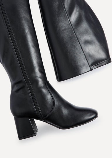 Linzi Fable Wide Fit Black Faux Leather Knee High Block Heeled Boot