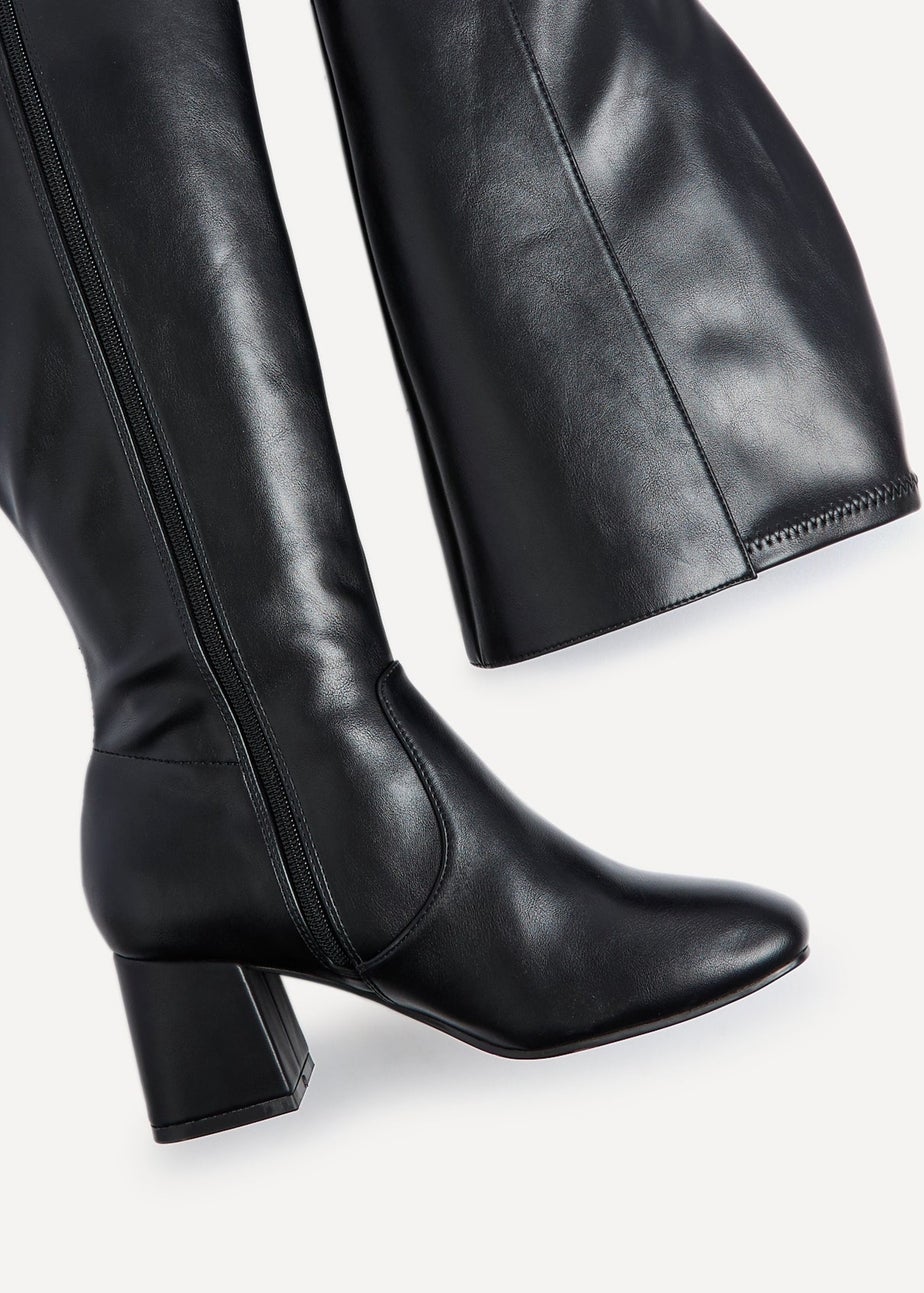 Linzi Fable Wide Fit Black Faux Leather Knee High Block Heeled Boot