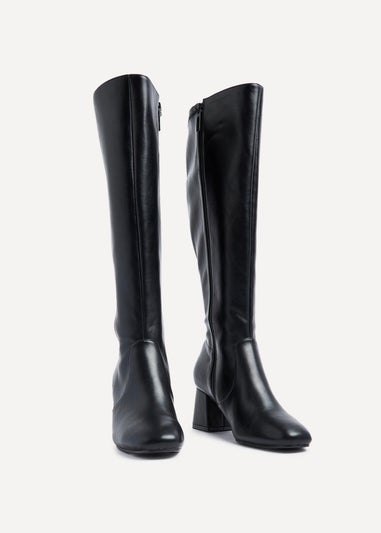Linzi Fable Wide Fit Black Faux Leather Knee High Block Heeled Boot
