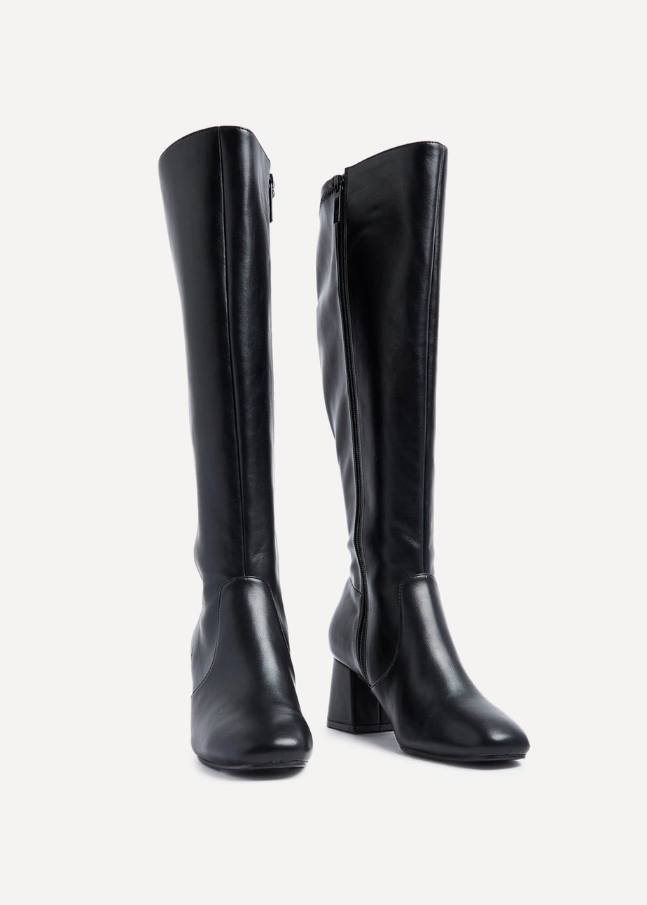 Linzi Fable Wide Fit Black Faux Leather Knee High Block Heeled Boot