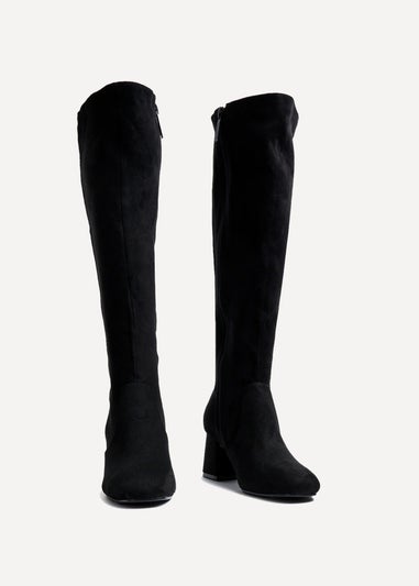 Linzi Fable Wide Fit Black Faux Suede Knee High Block Heeled Boot