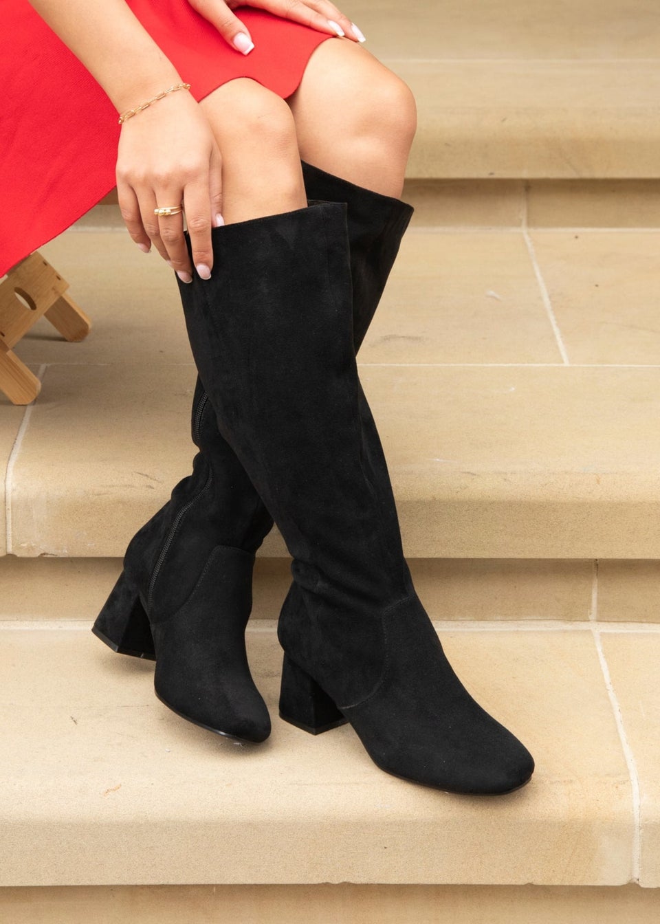 Linzi Fable Wide Fit Black Faux Suede Knee High Block Heeled Boot