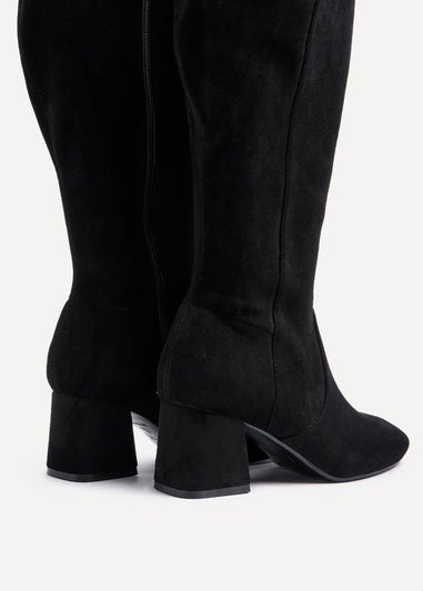 Linzi Fable Wide Fit Black Faux Suede Knee High Block Heeled Boot