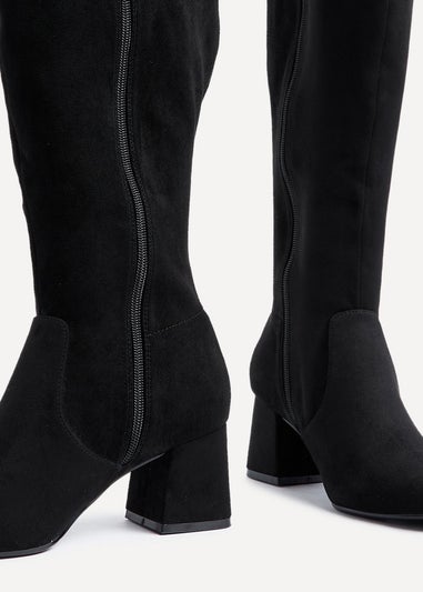 Linzi Fable Wide Fit Black Faux Suede Knee High Block Heeled Boot