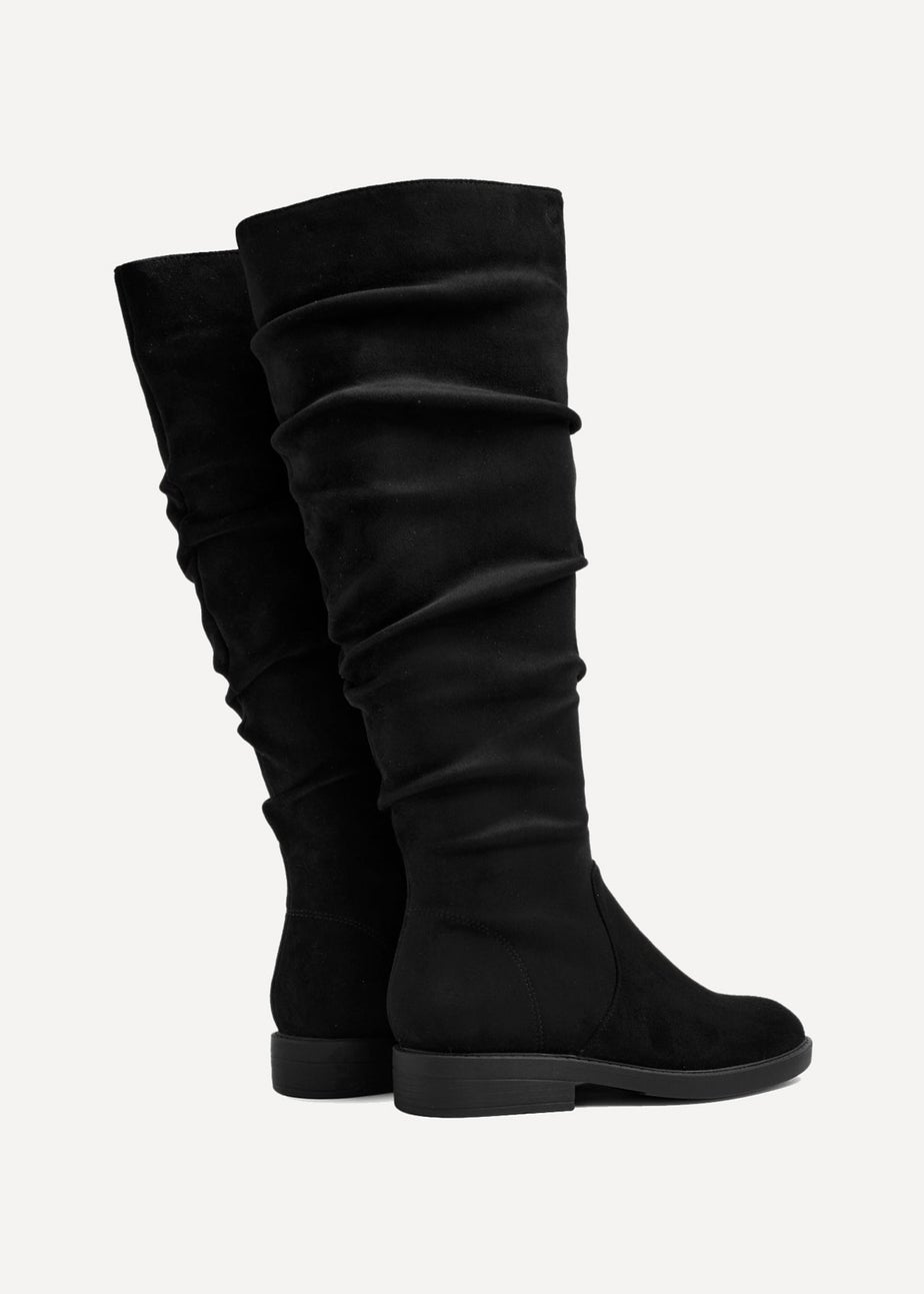 Linzi Liana Black Faux Suede Knee High Flat Ruched Boots
