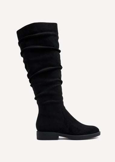Linzi Liana Black Faux Suede Knee High Flat Ruched Boots