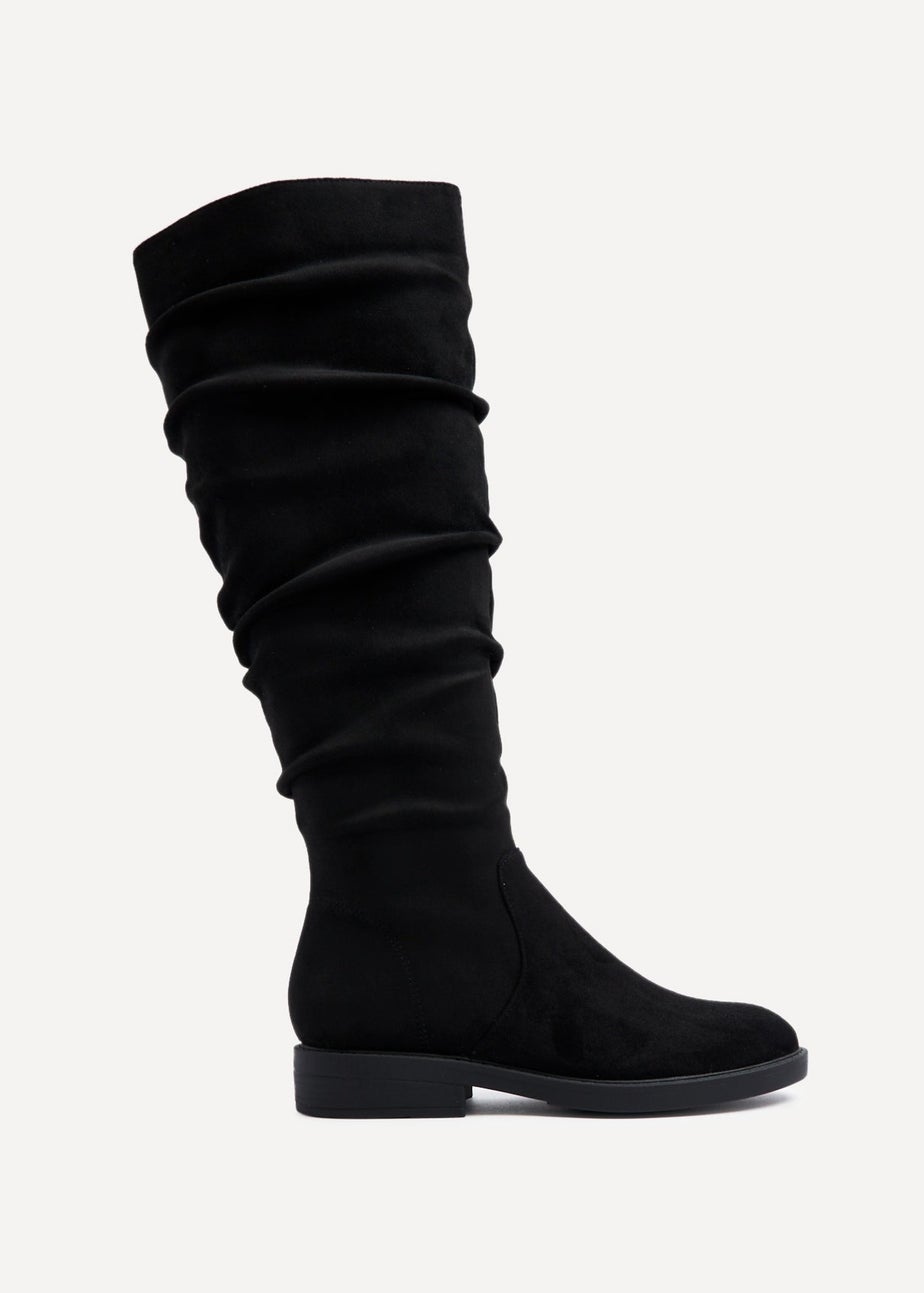 Linzi Liana Black Faux Suede Knee High Flat Ruched Boots