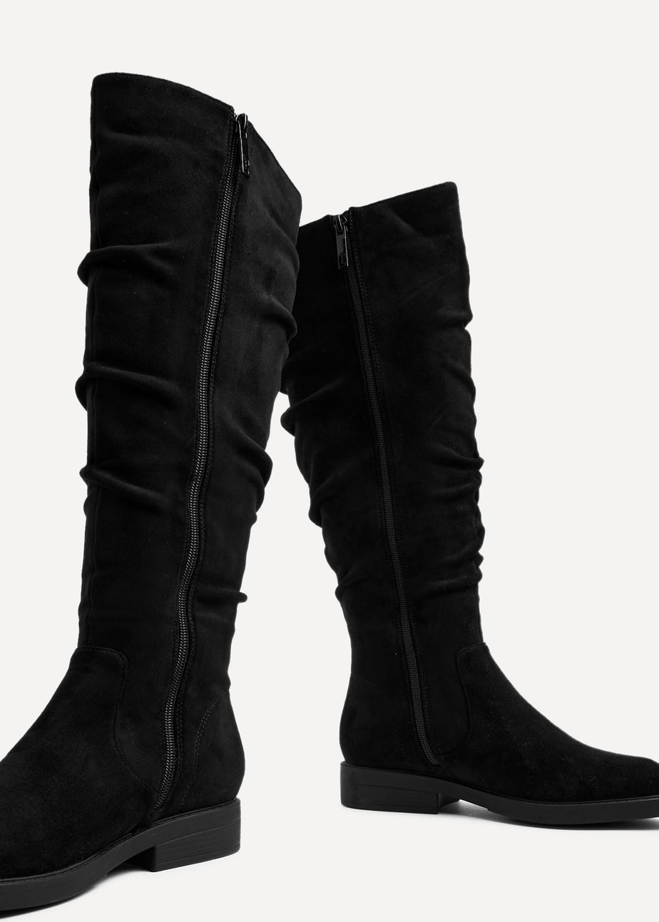 Linzi Liana Black Faux Suede Knee High Flat Ruched Boots