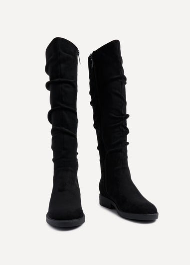 Linzi Liana Black Faux Suede Knee High Flat Ruched Boots