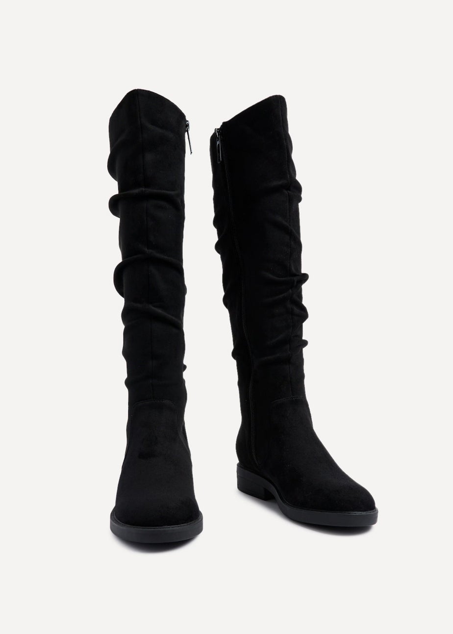 Linzi Liana Black Faux Suede Knee High Flat Ruched Boots