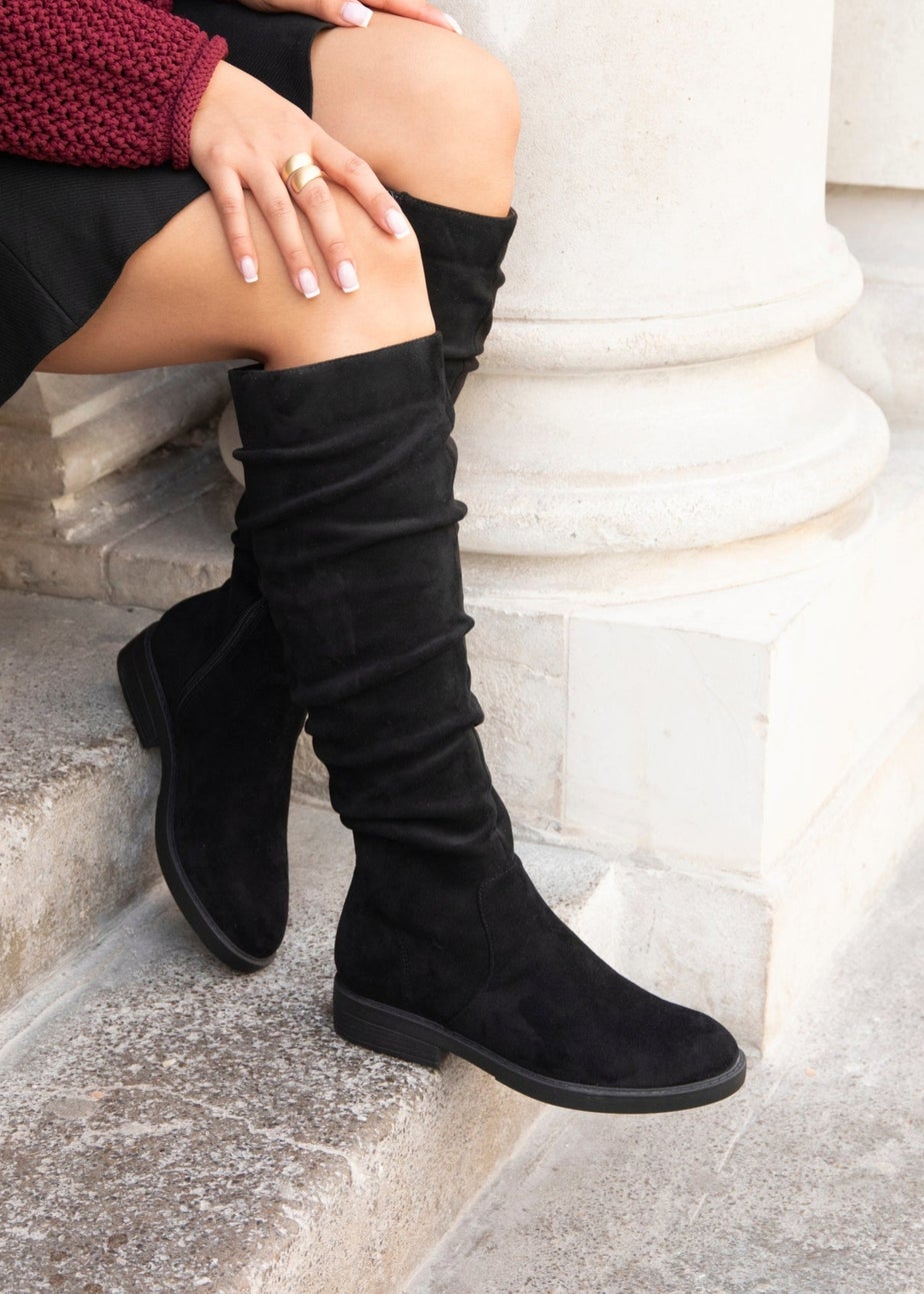 Linzi Liana Black Faux Suede Knee High Flat Ruched Boots