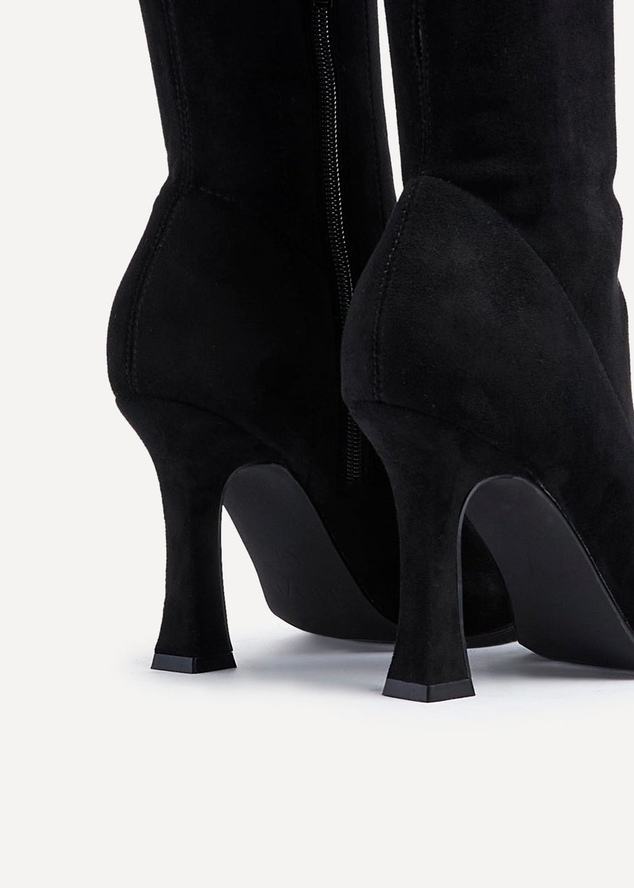 Linzi Gabrielle Black Suede Square Toe Knee High Heeled Boot