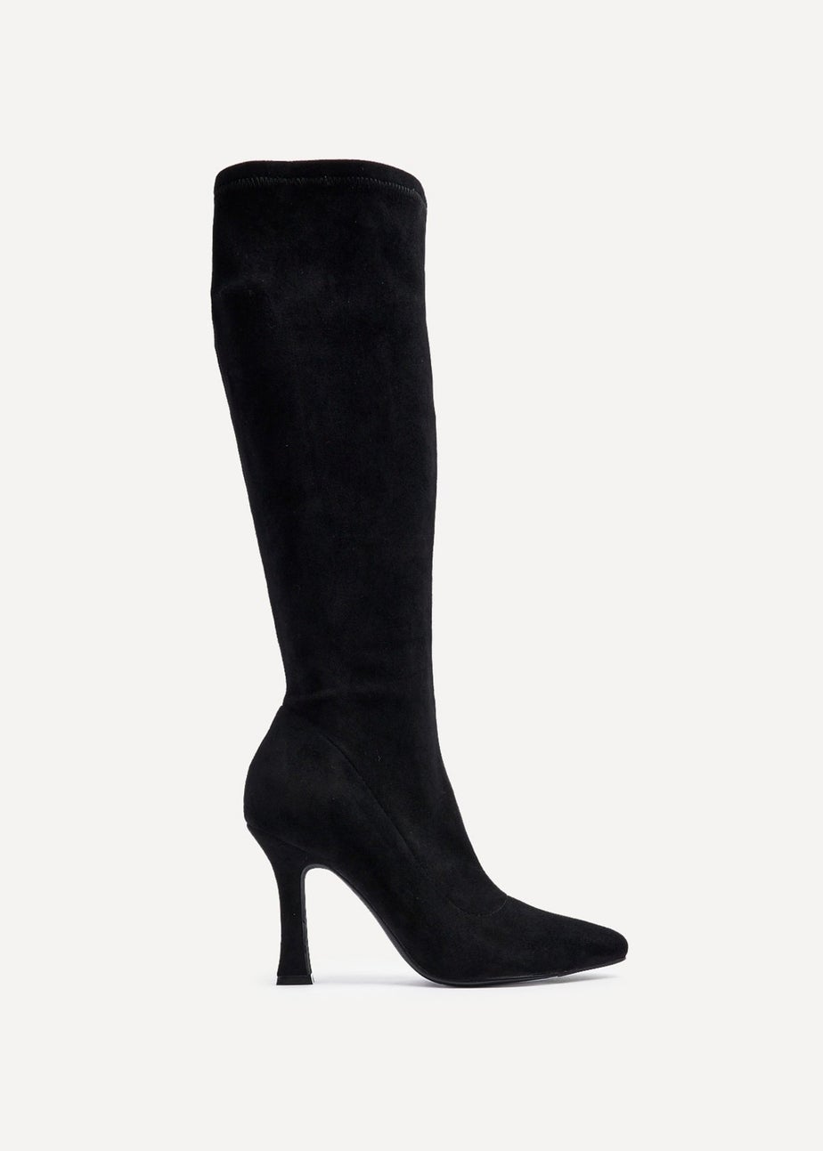 Linzi Gabrielle Black Suede Square Toe Knee High Heeled Boot