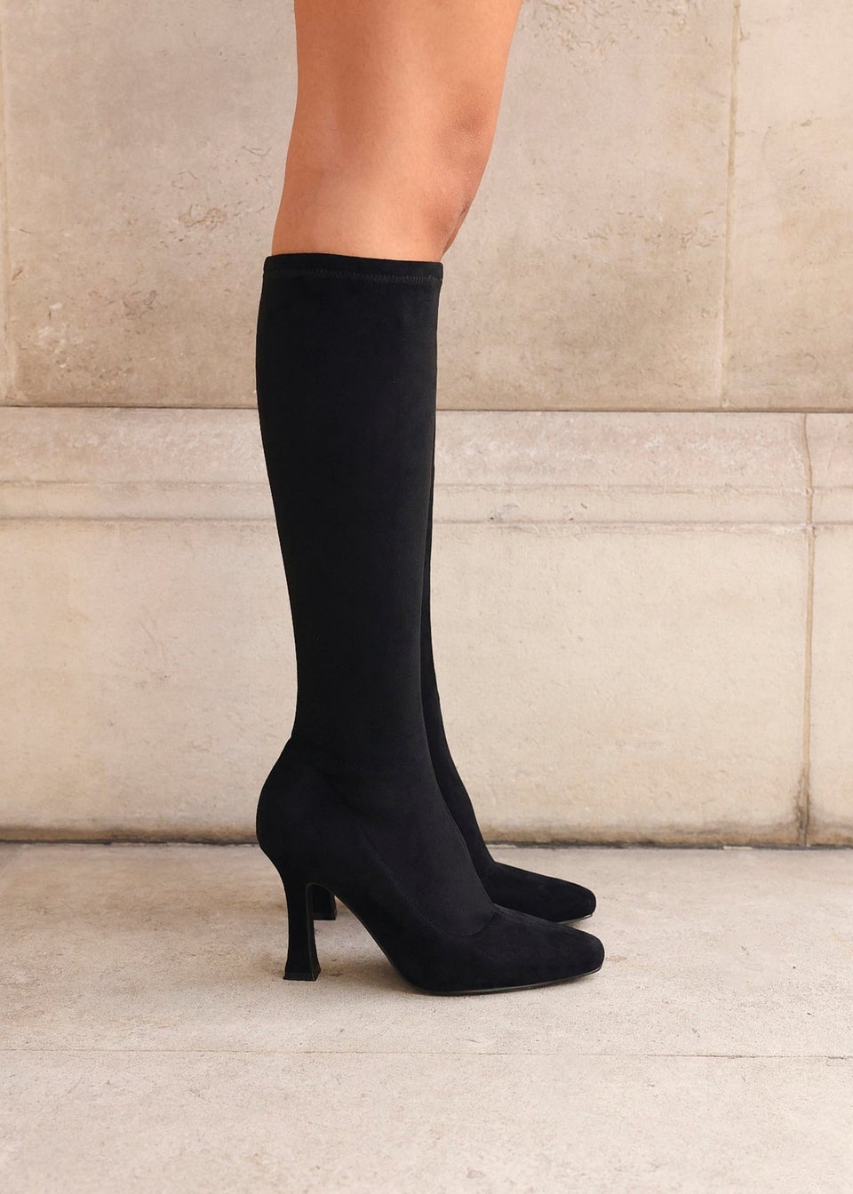 Linzi Gabrielle Black Suede Square Toe Knee High Heeled Boot