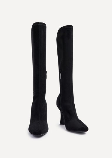 Linzi Gabrielle Black Suede Square Toe Knee High Heeled Boot