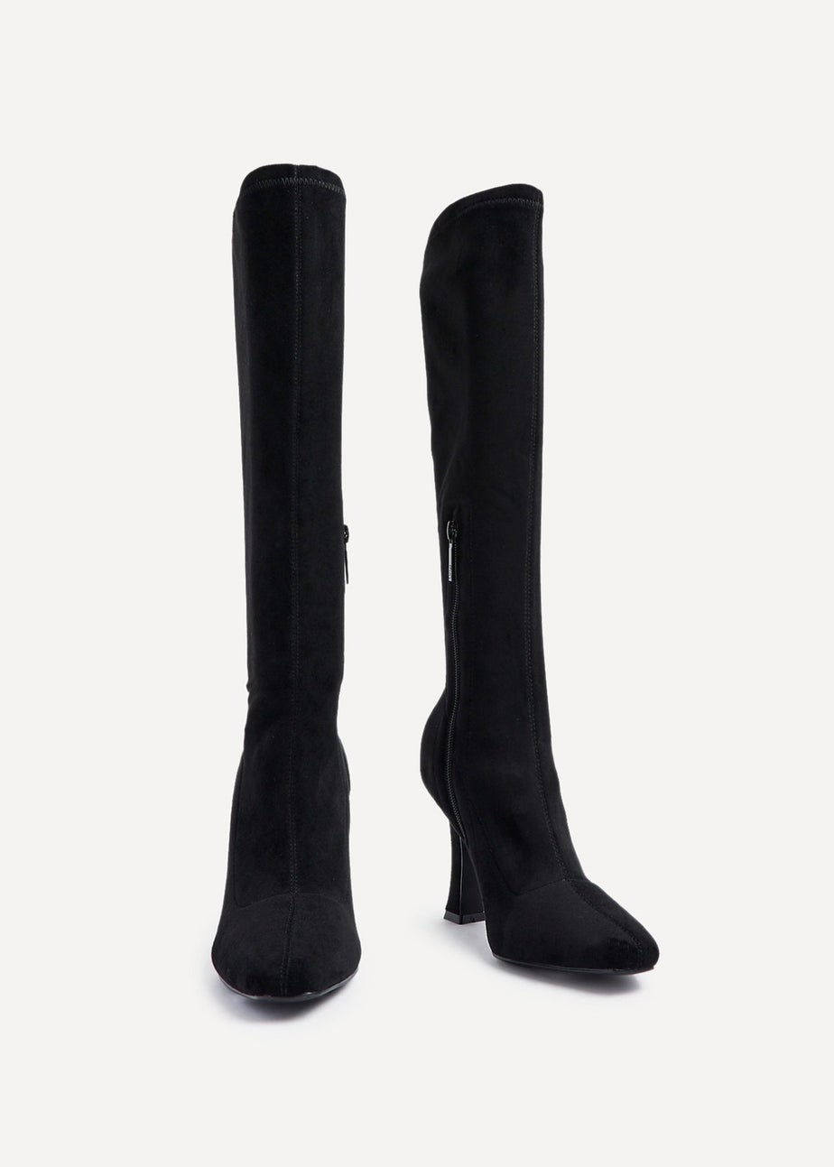 Linzi Gabrielle Black Suede Square Toe Knee High Heeled Boot