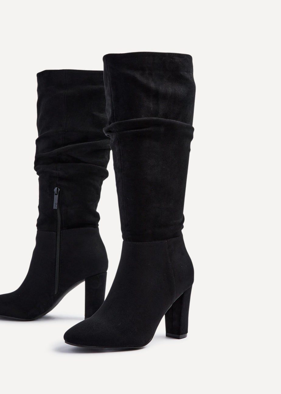 Linzi Aura Black Faux Suede Ruched Knee High Heeled Boot