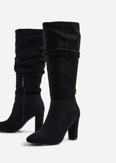 Linzi Aura Black Faux Suede Ruched Knee High Heeled Boot