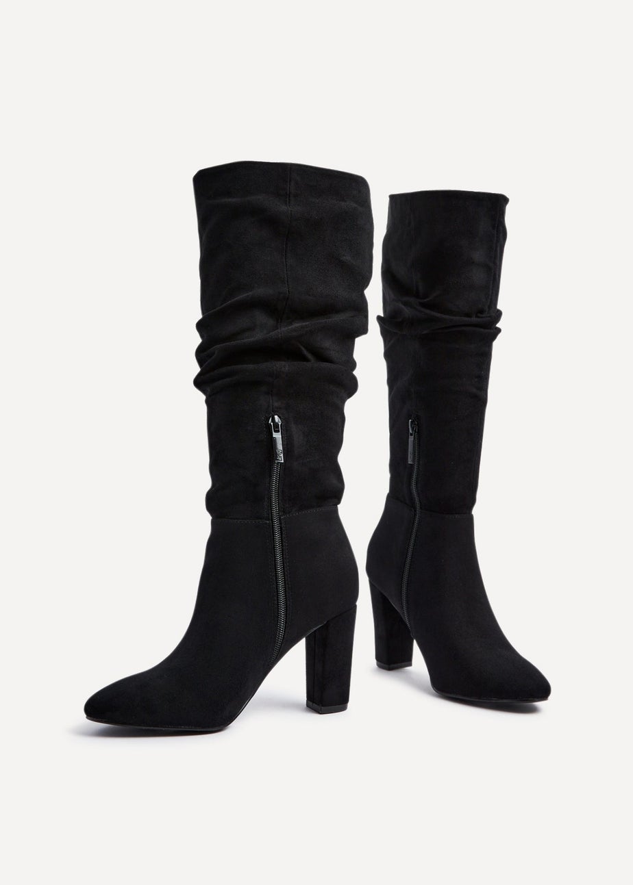Linzi Aura Black Faux Suede Ruched Knee High Heeled Boot