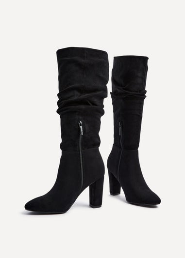 Linzi Aura Black Faux Suede Ruched Knee High Heeled Boot