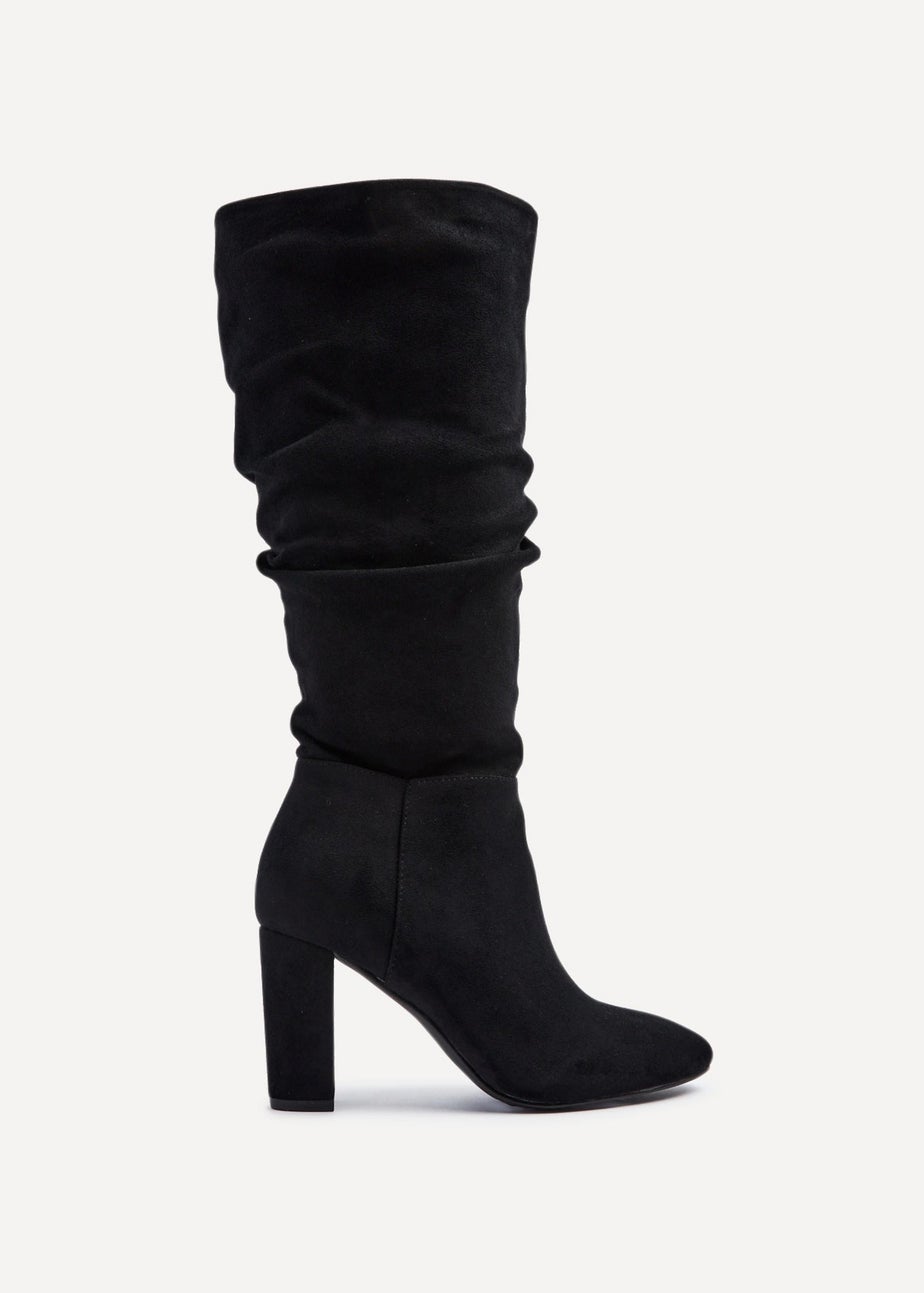 Linzi Aura Black Faux Suede Ruched Knee High Heeled Boot