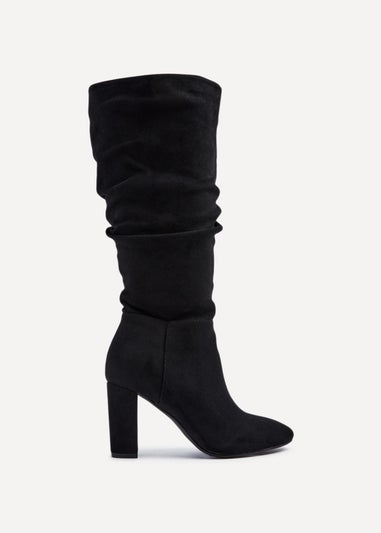 Linzi Aura Black Faux Suede Ruched Knee High Heeled Boot