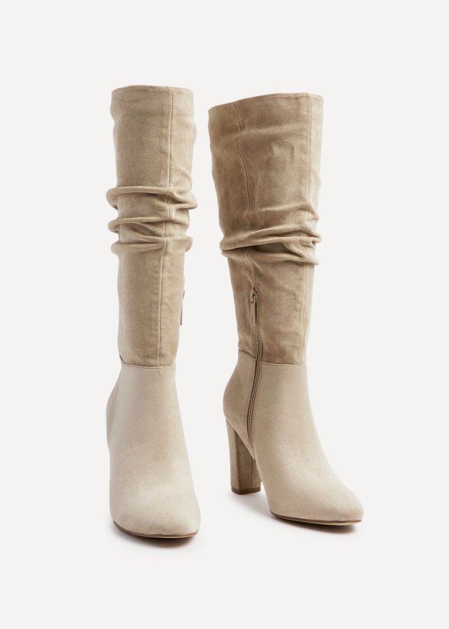 Linzi Aura Beige Faux Suede Ruched Knee High Heeled Boot