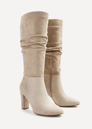 Linzi Aura Beige Faux Suede Ruched Knee High Heeled Boot