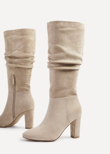 Linzi Aura Beige Faux Suede Ruched Knee High Heeled Boot