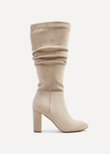 Linzi Aura Beige Faux Suede Ruched Knee High Heeled Boot