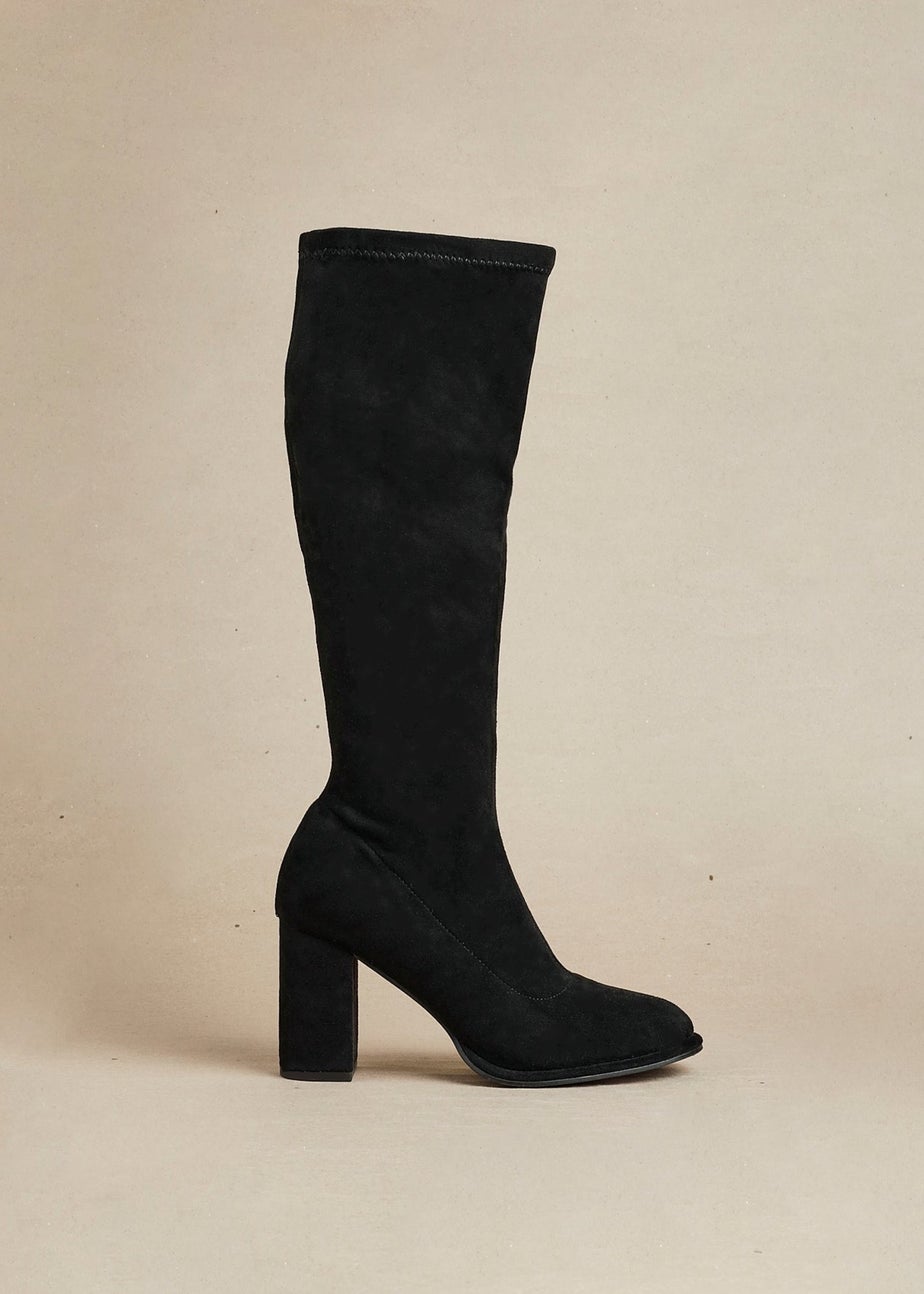 Linzi Kylie Black Stretch Suede Long Block Heeled Boot
