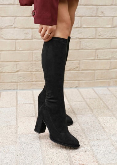 Linzi Kylie Black Stretch Suede Long Block Heeled Boot