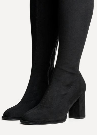 Linzi Kylie Black Stretch Suede Long Block Heeled Boot