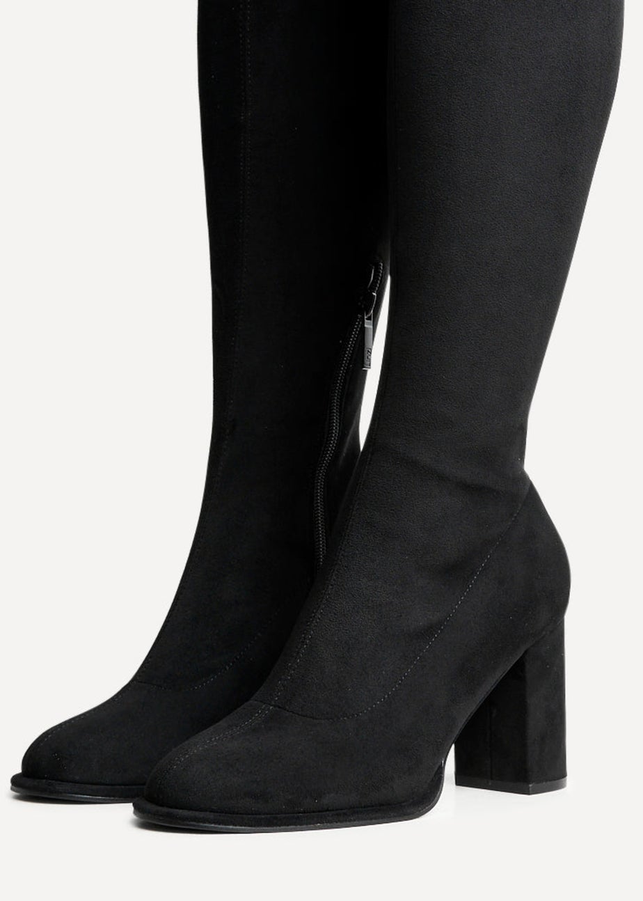 Linzi Kylie Black Stretch Suede Long Block Heeled Boot